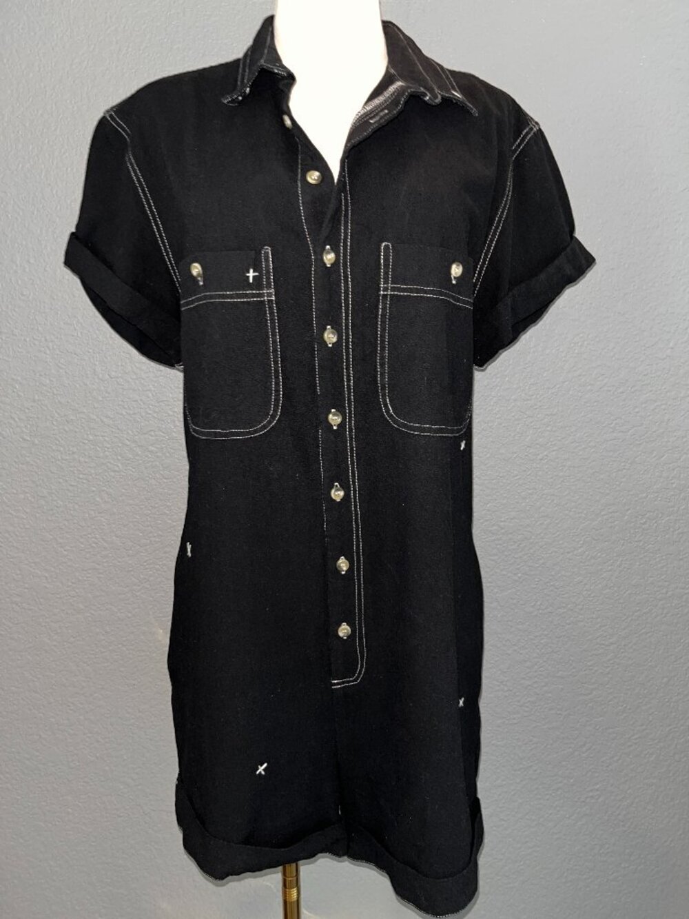 ROLLA'S PLAYSUIT HORIZON RILEY BLACK W/ WHITE STITCHING ROMPER - LINEN BLEND - S